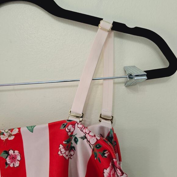 We Are HaH One Piece Swimsuit Red Floral Blood Orange Stripe Ruched Women Size M - Picture 6 of 8